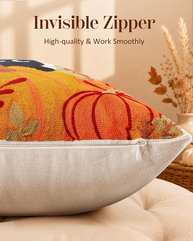 Fall Embroidered Throw Pillow Cover 18x18 Inch, Cat Pumpkin | Decorative Pillow Cover, Fall Cushion Cases with Hidden Zipper, Autumn Halloween Decor for Couch, Sofa, Living Room