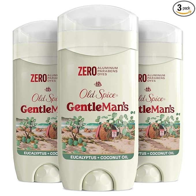 Old Spice GentleMan's Aluminum Free Dry Feel Deodorant for Men, 24/7 Lasting Freshness, Gentle on Skin with Skin Conditioners, Eucalyptus + Coconut Oil Scent, 3.0 oz (Pack of 3)