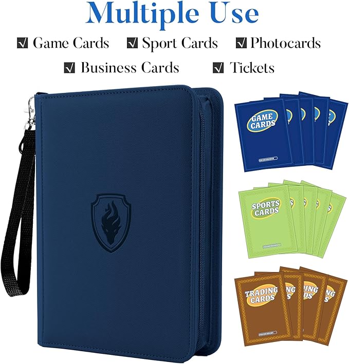 Fabmaker Premium 4 Pocket Zip Card Binder, Trading Card Binder for 320 Cards, Portable PU Card Collection Binder, Collector Card Album Folder for Game & Sports Cards, Navy Blue