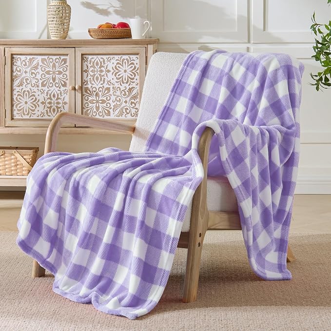 BEDELITE Plaid Fleece Throw Blanket, Purple & White Buffalo 60x80 Inches | 100% Polyester Microfibe, Soft Cozy, Lightweight Warm, Classic Buffalo Plaid, Room Decor, Gift for Women Girls, for Couch Bed