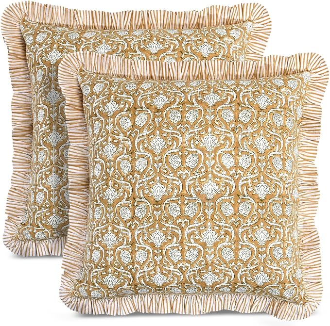 CPC Block Print Ruffle Throw Cover Mustard Regal 18"x18" Inch Pack of 2-100% Cotton Ruffle Couch Decorative Boho Pillows Case for Living Room, Bedroom, Sofa, Farmhouse Gift for Spring, Mother's Day