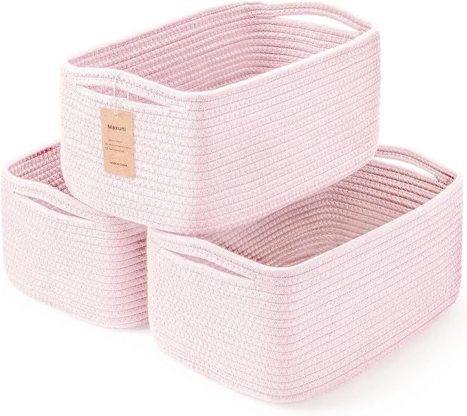 3 Pack Small Storage Baskets for Organizing, 11.8×7.8×5.1", Mixed Pink | Woven Baskets for shelves, Cotton Rope Basket for Gifts Empty, Closet Organizer Bins with Handles, Cube Decorative Box