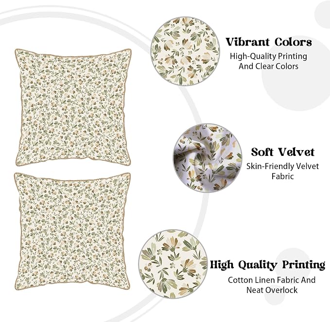 KSLIDS Sage Green Beige Floral Soft Velvet Throw Pillow Covers Set of 2 Vintage Brown Flower Decorative Pillow Covers 20x20 Inch Rustic Pillow Case for Sofa Couch Bedroom Farmhouse Home Decor