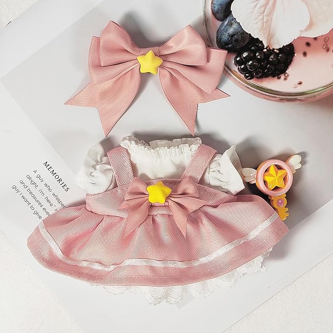 Doll Clothes – Magical Girl Outfit for 17cm Labubu, Layered Pink & White Satin Dress with Star Bow, Large Ribbon Headpiece & Magic Wand Accessory –Doll Not Included