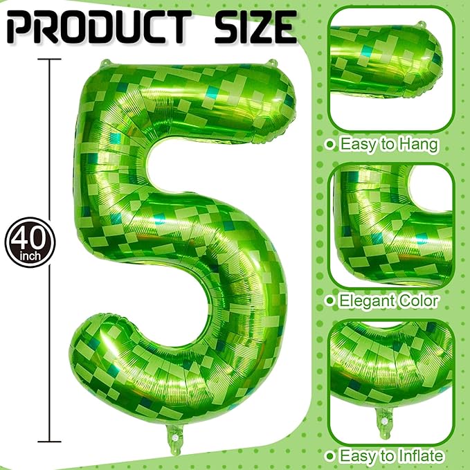 Foil 5 Balloons Number, 40 Inch Dark Kelly Green Pixel Number 5 Balloon for Boys, Big Lime Green Self Inflating 5 Balloon for Kids 5th Birthday Video Game Forest Golf Patrick's Day Party Decorations