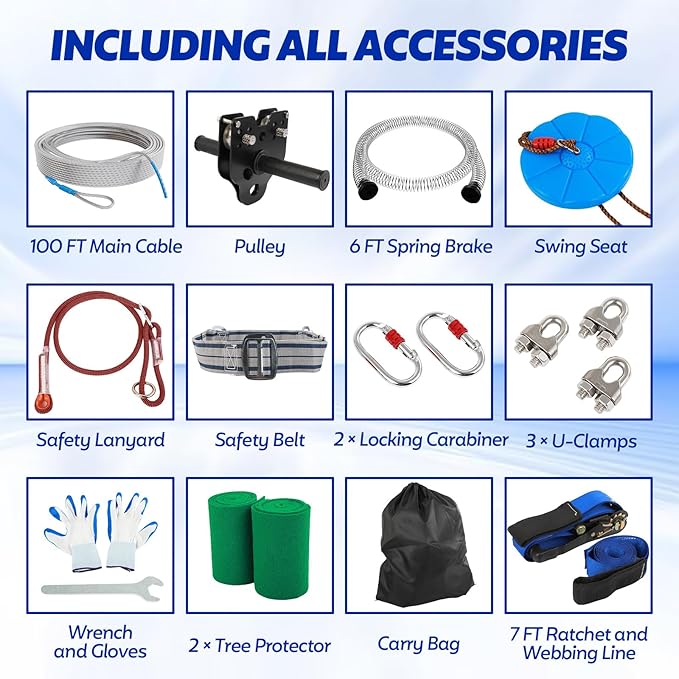 FAHKNS Zip Line Kit for Kids Adults: 100FT Up to 400 lbs - Updated Removable Design Trolley,Thickened Seat,Safety Harness,Quick Tighten Zipline Kits for Outdoor Backyard