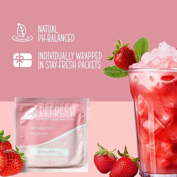 Flavored Feminine Wipes for Women - 20 Count -, Individually Wrapped - pH Balanced Flavored Intimate Wipes - (Strawberry)