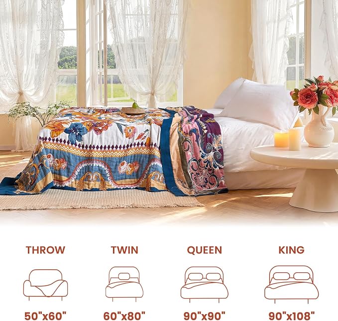 MSGKV Boho Throw Blanket 60"x80" 100% Cotton Victoria Floral Throw for Bed | 100% Cotton Throw, Victoria Floral, Reversible Woven, Lightweight Comfort, Farmhouse Decor, All Seasons, Machine Washable
