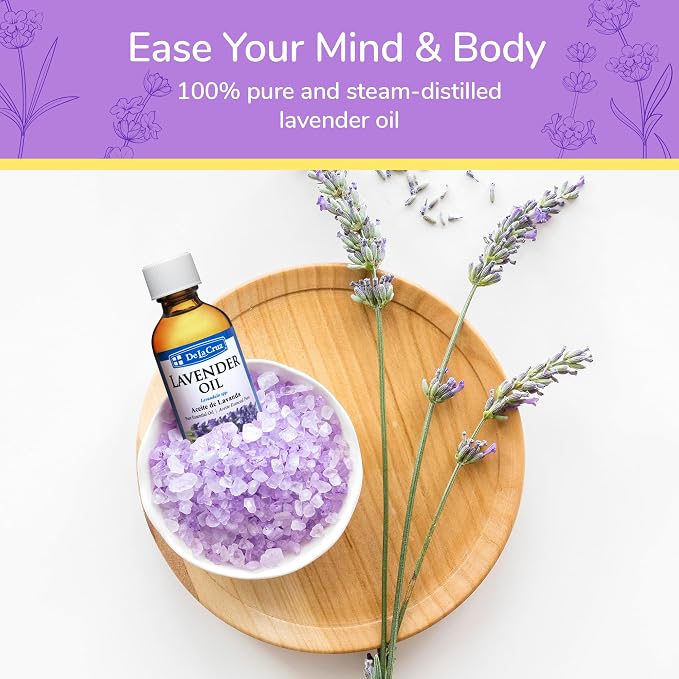 De La Cruz Lavender Essential Oil Steam-Distilled - 100% Pure Lavender Oil for Aromatherapy 2 FL. OZ. (6 Bottles)