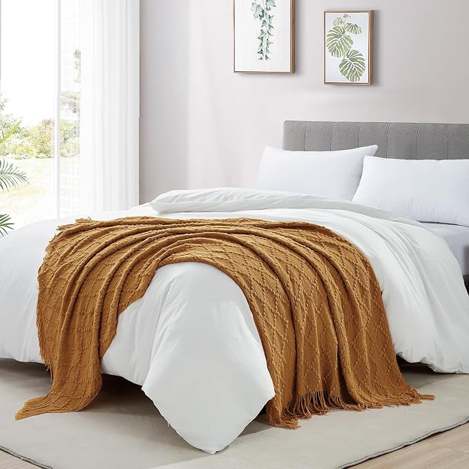 BOURINA Almond Throw Blanket 50 x70 Inch Jacquard Throw Knitted Blanket | Jacquard Argyle Throw Textured Solid Soft Throws and Blankets for Sofa or Bed Knitted Decorative Blanket