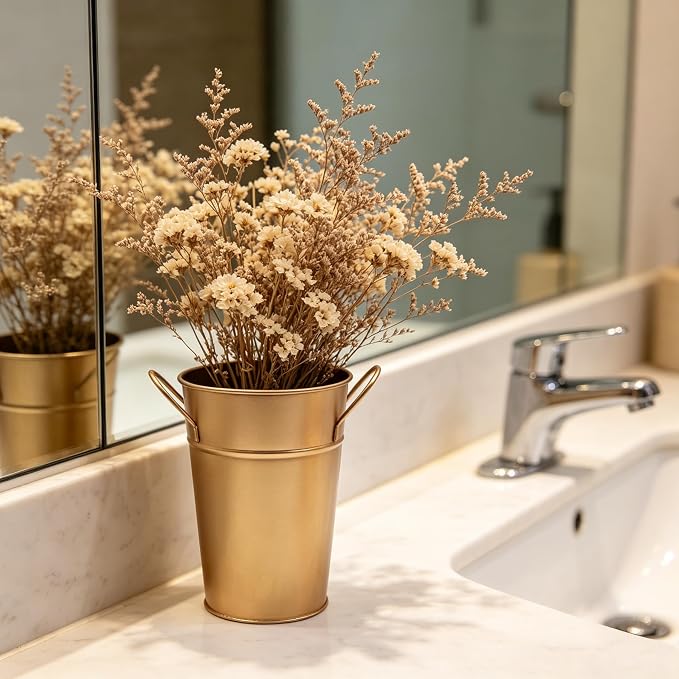 Hosley Set of 2 Gold Bucket/Pot Vase with PVC Liner, 5" Dia x 7" H Ideal Gift for Floral Arrangements Wedding Home Office Party DIY Indoor Outdoor Garden Patio
