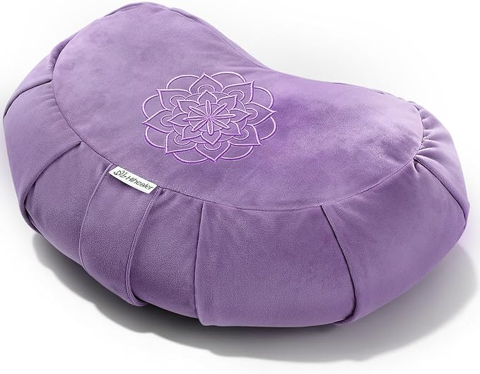 Hihealer Premium Crescent Meditation Cushion, Ergonomic Buckwheat Hull Floor Pillow for Adults, Comfortable Yoga Bolster for Meditation & Floor Sitting (Purple)