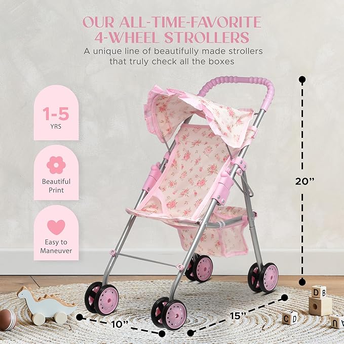 Baby Doll Stroller Bed and Seat Nursery Playset, Baby Doll Accessories Furniture Set High Chair Diaper Bag Role Play Deluxe Baby Doll Floral Set