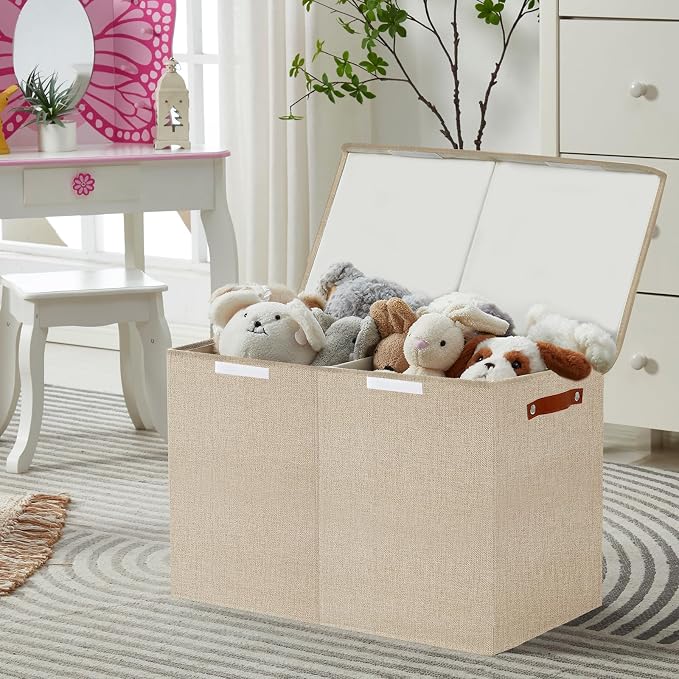 Large Toy Storage Box with Lids, Collapsible Sturdy Baby Storage Organizer Chest Bin Basket for Kids, Boys, Girls, Playroom, Nursery, Bedroom, Closet 25"x13"x16" (Khaki)