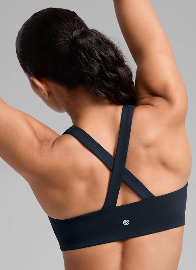 CRZ YOGA SculptAir Wide Straps Cross Back Sports Bras for Women - U Neck Medium Impact Wireless Padded Workout Top