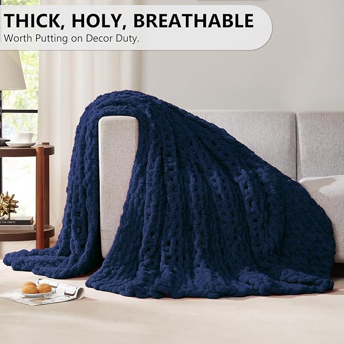 L'AGRATY Chunky Knit Throw Blanket for Couch, 72 x 84 Inches, Dark Blue | Handmade Chenille Crochet Blanket for Sofa Bed, Thick Cable Knitted Blankets for Room Home Decor, Birthday Gift for Women Mom