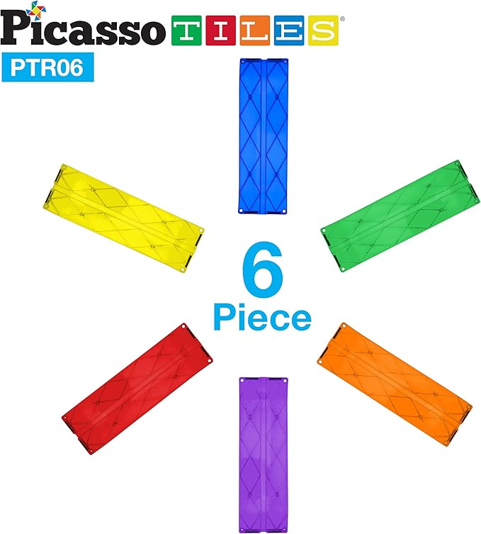PicassoTiles 6 Piece Magnetic Tiles Race Track Ramp Accessories STEM Building Blocks Toys Magnet Tile Educational Construction Playset Boys Girls Brain Development and Creative Pretend Play Toy PTR06