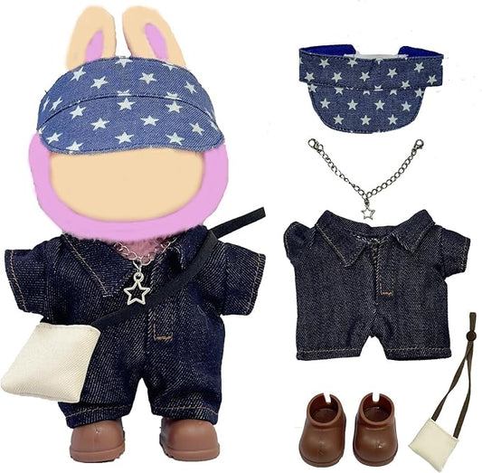 17cm Doll Clothes, Outfits Denim Jeans Set for 17cm Doll, Stylish Adorable 5 Piece Accessories Set with Clothing+Hat+Shoes+Bag+Necklace for Dolls(No Doll)