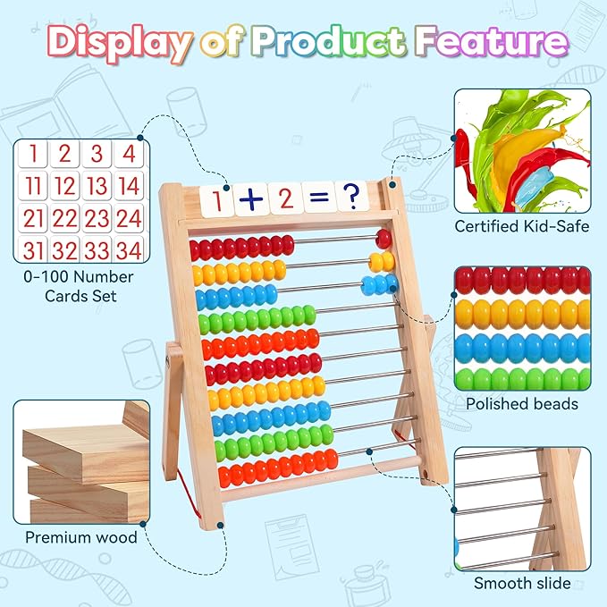 Wooden Abacus for Kids Math, Counting Toys for Toddlers Montessori Counters Beads Tools Preschool Homeschool Essentials with Sticks and Number Alphabet Cards
