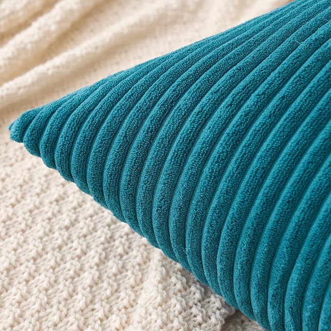 MIULEE Decorative Corduroy Throw Pillow Covers Set of 2 18x18 Teal | Soft Striped Textured Cushion Cases, Boho Coastal Square Pillowcases for Home Decor, for Couch Chair Sofa Bed Living Room