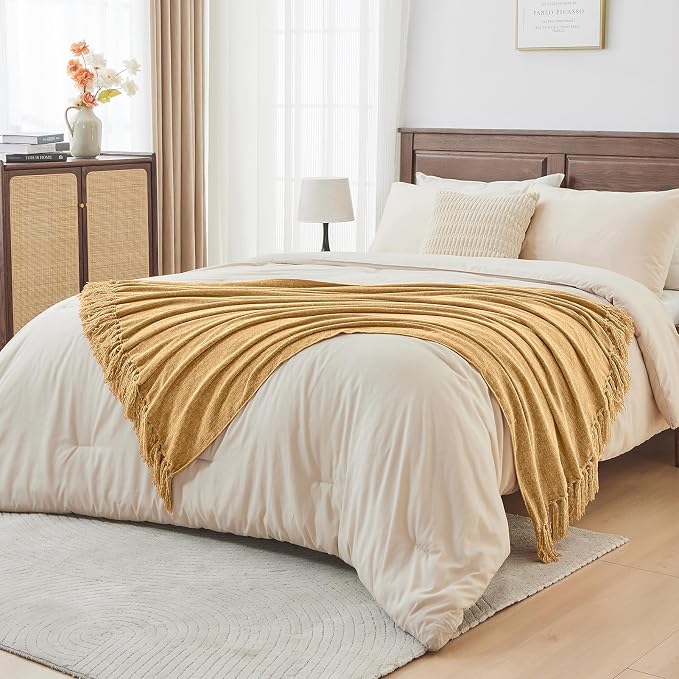 CozeCube Chenille Throw Blanket, Light Brown Fringe Blanket, 50"X60" | For Couch, Cozy Plush Fuzzy Decorative Blanket with Fringe Tassels, Lightweight Throws for Bed Sofa Gift Home Decor