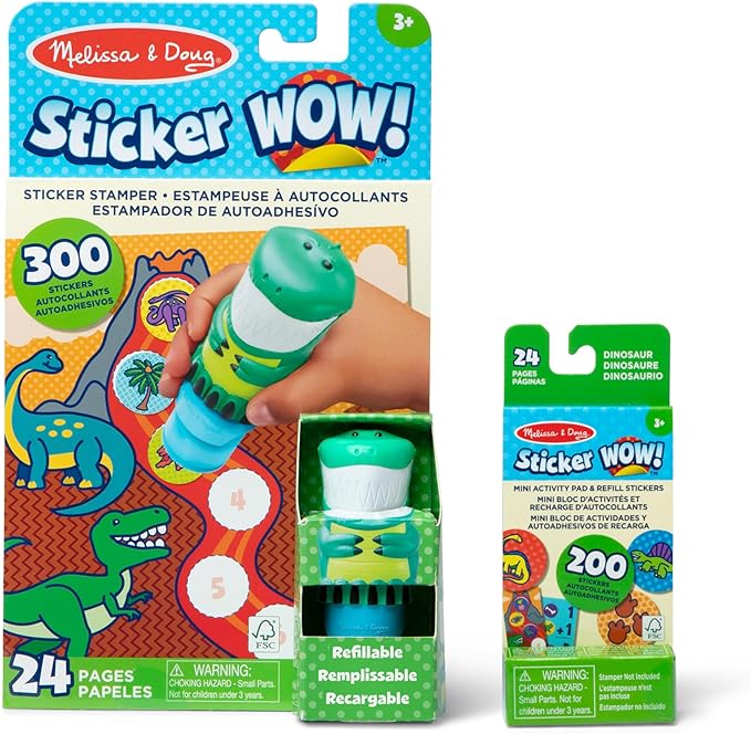 Melissa & Doug Sticker Wow!™ Dinosaur Bundle: 24-Page Activity Book, Refillable Sticker Stamper, Mini Pad, 500 Stickers, Arts and Crafts for Kids Ages 3+
