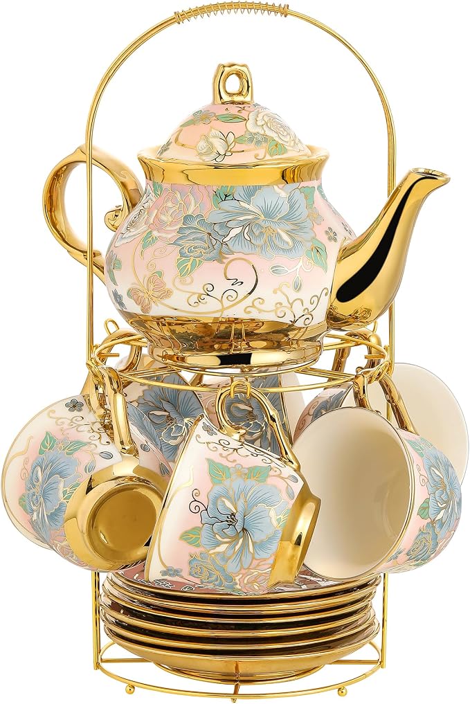 20 Pieces Porcelain Tea Set With Metal Holder, European Ceramic tea set for adults,Flower Tea Set,Tea Set For Women With Flower Painting (VIVID YELLOW, Largr Vision)