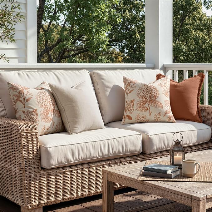 Set of 2 Decorative Floral Pillow Covers 20x20 Inch Autumn Orange | Neutral Hydrangea Print, Boho Vintage Throw Cushion Covers, Cottagecore Home Decor, for Sofa Couch Porch Bedroom Living Room