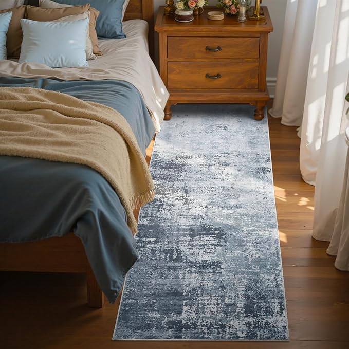 2x6 Ft Washable Runner Rug, Non-Slip Low Pile Hallway Kitchen Area Rug, Soft Long Entryway Floor Mat Abstract Pattern Carpet for Bedside & High-Traffic Areas (Blue)