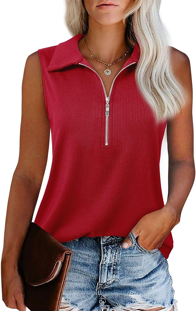 Vivilli Womens Ribbed Tank Top Zipper V Neck Dressy Casual Blouses Sleeveless Camisole Tops Work Tank Polo Shirts