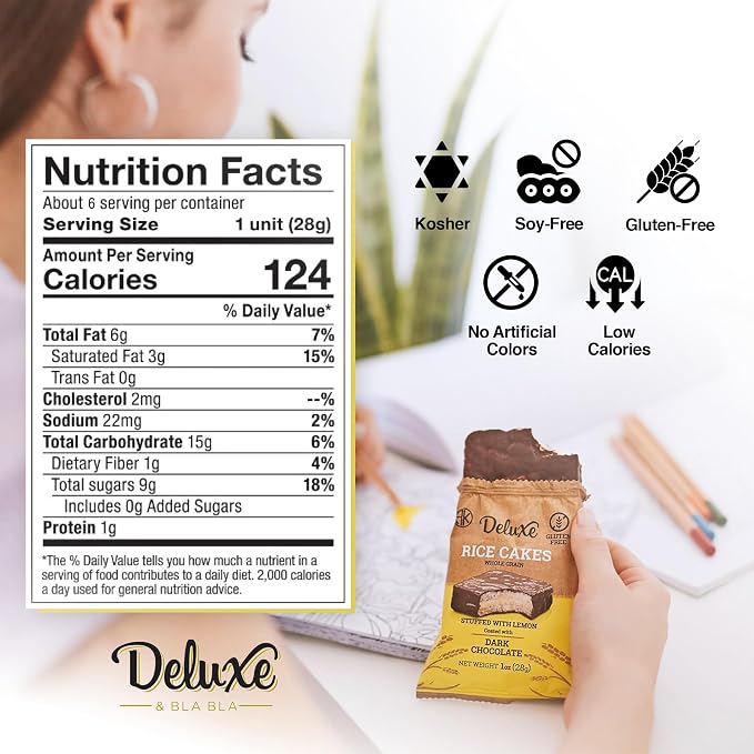 Deluxe & Bla Bla Stuffed Rice Cakes - Whole Grain Chocolate Rice Cake,Gluten Free,Low Calorie,(Alfajor) Kosher Certified - Lemon Filled Rice Cakes coated with Dark Chocolate, 28g Each (6 Pack)