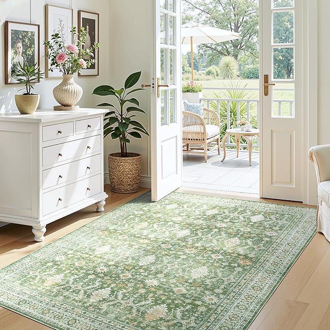 3x5 Area Rugs for Entryway, Non-Slip Washable Rug for Kitchen, Light Green | Low Pile Soft Small Rugs, Vintage-Style Carpet for Bathroom Bedroom Tool Room, Stain Resistant, Low Pile, Distressed Rug