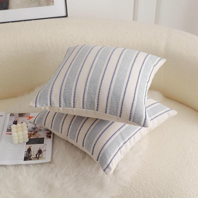 Cethom Decorative Boho Throw Pillow Covers, Farmhouse Textured Pillow Case, 20 x 20 Inch Set of 2, Chair Sofa Bedroom Living Room Home Decor Couch Cushion Case, Classic Blue and Beige Striped