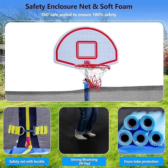 Lyromix Upgraded 16FT 15FT 14FT 12FT 10FT 8FT Trampoline Outdoor with Basketball Hoop and Net, Capacity for 4-6 Kids and Adults