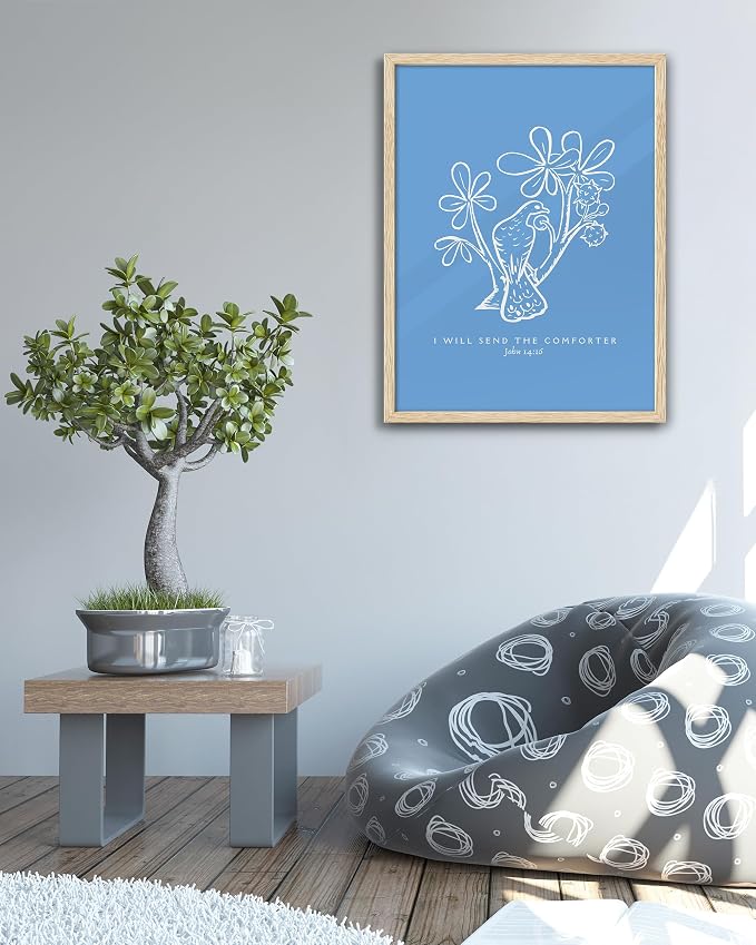 EcoHest 16x20 in John 14:16 I Will Send The Comforter Christian Wall Art | Solid Oak Wood Frame， Canvas Wall Art, Bible Verse Holy Spirit Floral Decor for Bedroom, Living Room, Office, Church, 1Pack