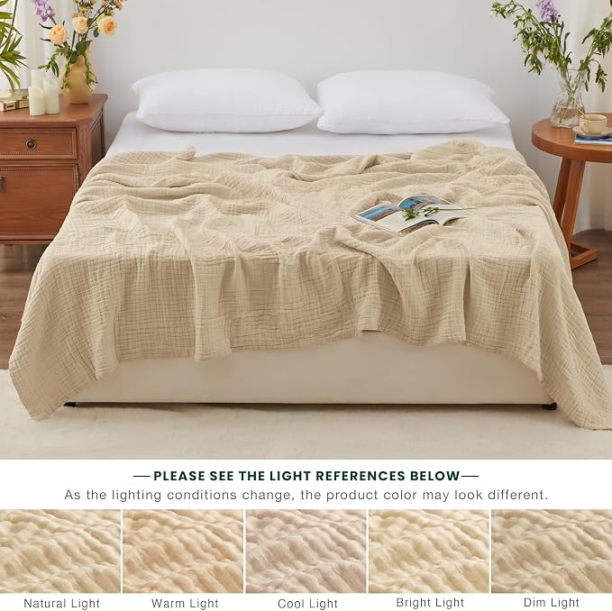 Love's cabin 100% Cotton Muslin Blanket, 6 Layer Lightweight Breathable Gauze King Size Blanket 108 x 90 Inches, Soft Summer Blanket for Bed, Khaki