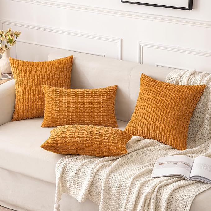 MIULEE Fall Corduroy Decorative Throw Pillow Covers 12x20 Burnt Orange | Lumbar Pack of 2 Soft Boho Striped Pillow Covers Modern Farmhouse Autumn Home Decor For Sofa Living Room Couch Bed
