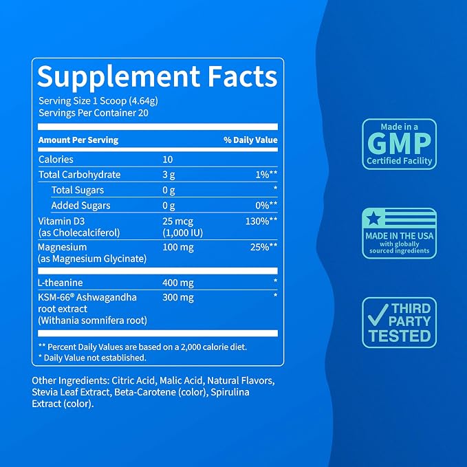 Nello Supercalm Powdered Drink Mix Tub, Cortisol Reducer* and Sleep Aid Supplement, L Theanine, Ksm-66 Ashwagandha, Magnesium Glycinate, Vitamin D 3, No Sugar, Non GMO, 30 Ct, Cucumber Lime