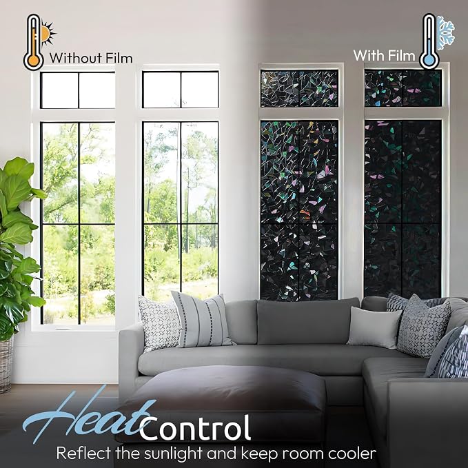 rabbitgoo Rainbow Window Privacy Film, Stained Cling, Black, 23.6" x 118.1" | Decorative Static Sticker, Non-Adhesive Reusable Window Tint, Heat Control UV Blocking Coverings for Home Doors, Living Room