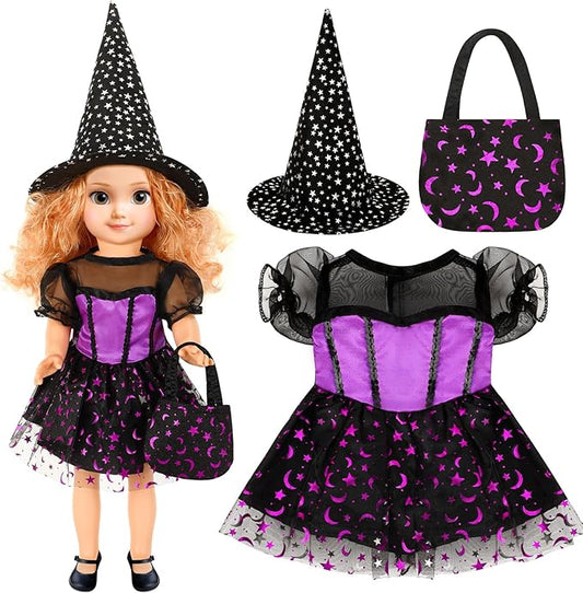 18 Inch Doll Clothes Accessories, Halloween Witch Costume Candy Corn Suit Set with Witch Hat Candy Bag for Doll Halloween Costumes Gifts