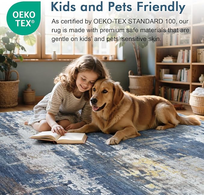 6x9 Ft Large Area Rugs for Living Room, Soft Non-Slip Washable Rugs Modern Abstract Pattern Carpet for Bedroom Indoor Floor Nursery Home Decor (Blue/Gold)