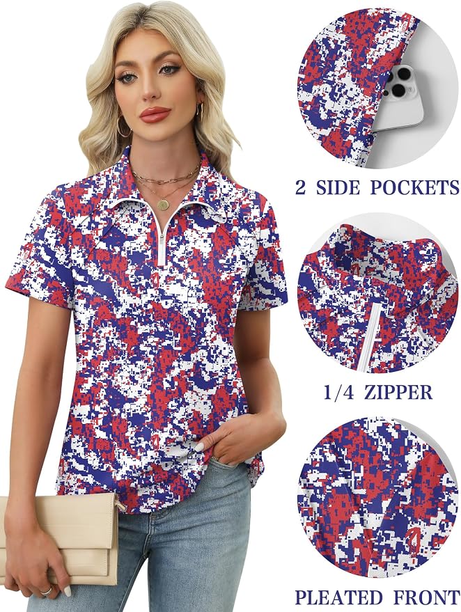 LOMON Womens Golf Polo Shirt Summer Short Sleeve Quarter Zip Outfit | Side-Pockets,Princess Seams,Cotton,Wrinkle Free,Moisture Wicking,Quick-Dry,Lightweight,Collared,for Tennis Workout