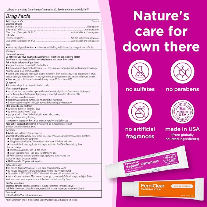 FemiClear Yeast Infection & Itch Relief Ointment Duo, 2-Day Dose, 1 Oz | Fast-Acting Soothing Care & Vaginal Relief for Itching, Irritation, Discharge, All-Natural, Organic Ingredients
