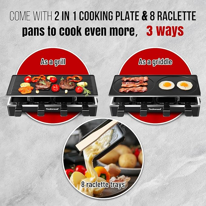 Raclette Grill, Techwood Electric Table Indoor Grill Korean BBQ Grill, Removable 2-in-1 Non-Stick Grill Plate, 1500W Fast Heating with 8 Cheese Melt Pans, Ideal for Parties and Family Fun