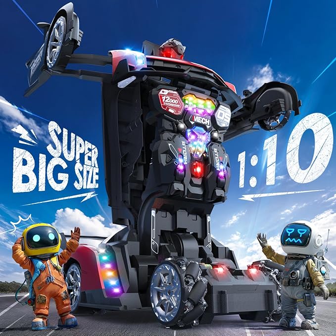 Holyton Transformer Remote Control Cars, Transform Robot RC Toys, 1:10 Scale, One-Button Robot, 2 Batteries 80 Mins Playtime, LED Lights, Sound Effects, ideal gift for 5 6 7 8 9 10 11 12 Years Old Boy