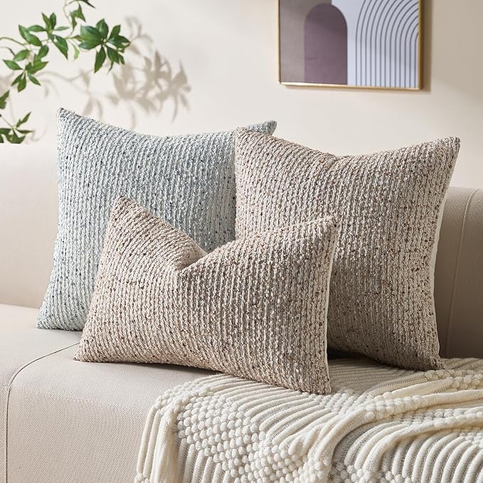 Allorry Throw Pillow Covers 18x18 Soft Wool Cushion Decorative Beige012A18 | Cozy Soft Touch,Neutral Textured Boho Cushion Covers Set of 2,for Modern Farmhouse Sofa Bedroom Living Room Decor