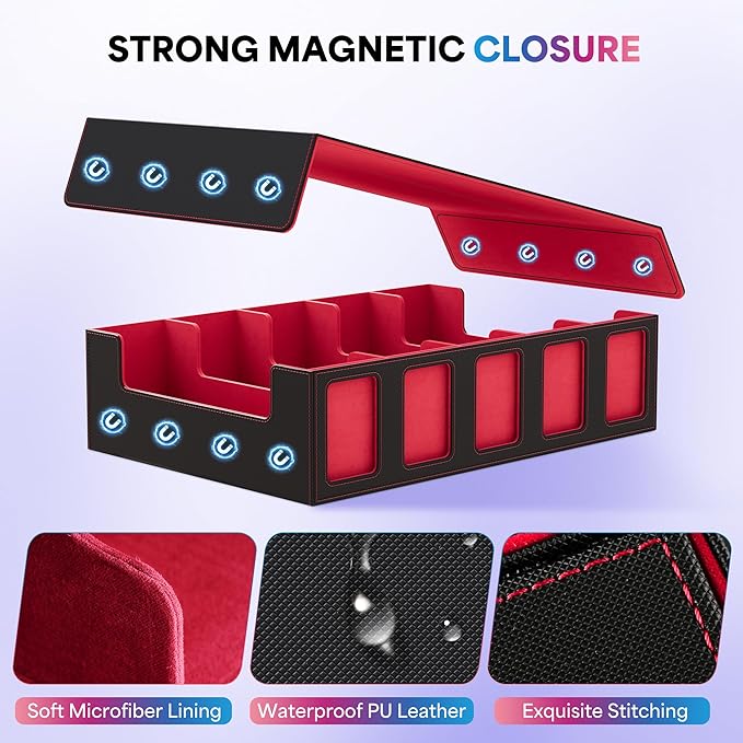 UAONO Trading Card Storage Box with Commander Display;3900+ Card Box for MTG, Removable Cover; 5 Row Case fits MTG TCG Sports Cards 48 Dividers,5 Stoppers,5 Top Loaders,1 Dice Box(Black, Red)