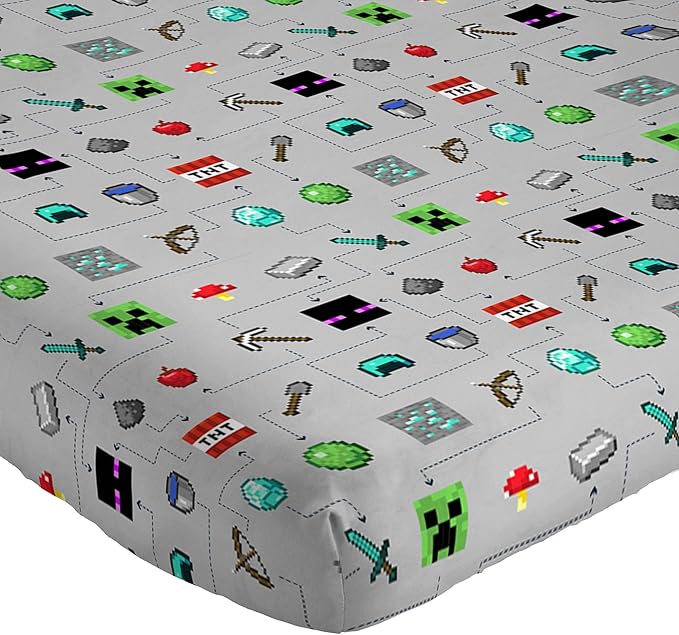 Jay Franco Kids Sheet Set with Fitted, Flat Sheets & Pillow Cover - Ultra-Soft Bedding with Pillowcase for Room Decor, Gray - Minecraft, 3 Piece Twin