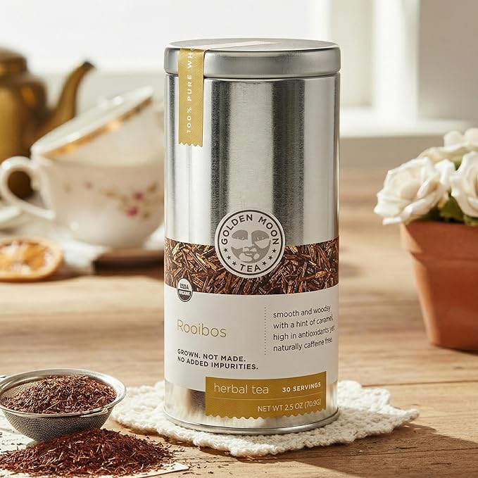 Golden Moon Organic Rooibos Tea Travel Tin – 30 Servings Caffeine Free | Organic South African rooibos – naturally caffeine-free, full-bodied, low tannin. Airtight travel tin, 30 servings.