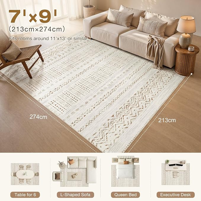 cotiled 7x9 Area Rugs Living Room Rug: Washable Boho Rugs with Non Slip Backing Large Soft Indoor Stain Resistant Carpet for Bedroom Farmhouse Dining Room Lightweight Home Decor Brown/Cream